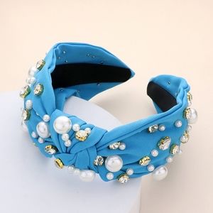Blue Pearl Rhinestone Knot Headband Hair Bling Crystal Jeweled Statement